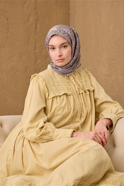 İnce Pamuk Soft Eşarp Vizon-Koyu Vizon Çelik Mavi Desenli Soft Dokulu Nefes Alan 90x90