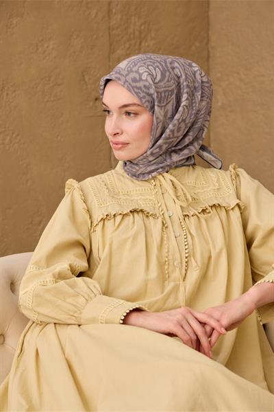 İnce Pamuk Soft Eşarp Vizon-Koyu Vizon Çelik Mavi Desenli Soft Dokulu Nefes Alan 90x90