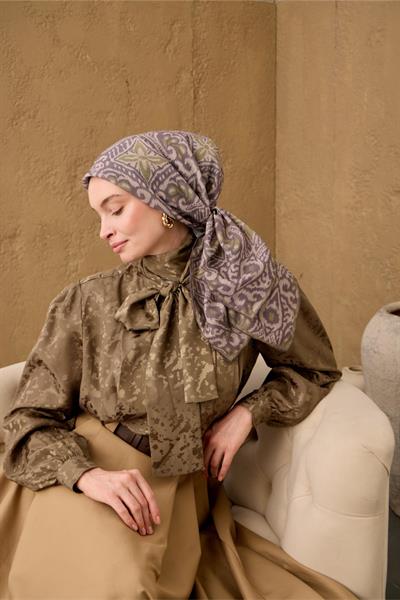 İnce Pamuk Soft Eşarp Vizon-Koyu Vizon Yeşil Desenli Soft Dokulu Nefes Alan 90x90