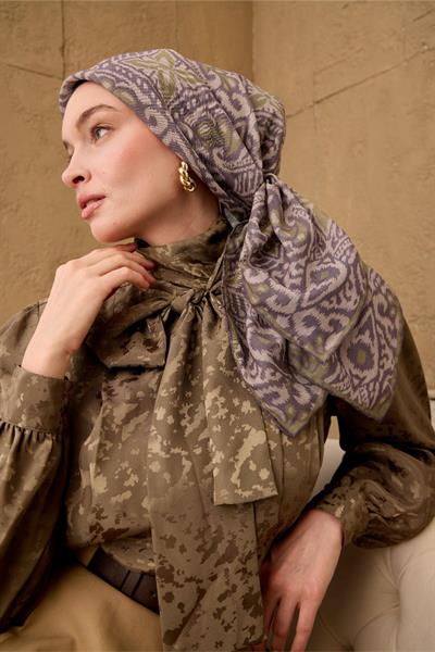 İnce Pamuk Soft Eşarp Vizon-Koyu Vizon Yeşil Desenli Soft Dokulu Nefes Alan 90x90