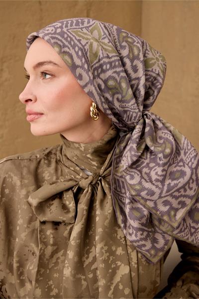 İnce Pamuk Soft Eşarp Vizon-Koyu Vizon Yeşil Desenli Soft Dokulu Nefes Alan 90x90