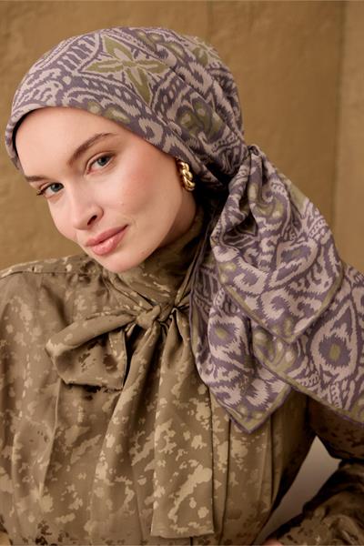 İnce Pamuk Soft Eşarp Vizon-Koyu Vizon Yeşil Desenli Soft Dokulu Nefes Alan 90x90