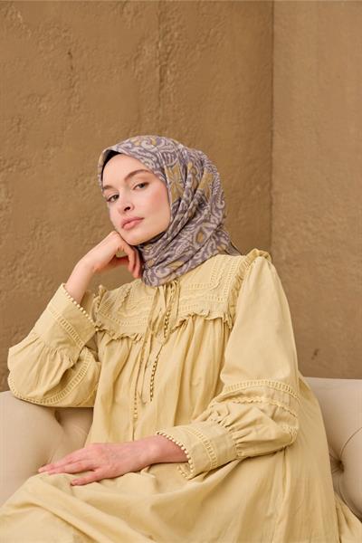 İnce Pamuk Soft Eşarp Vizon-Koyu Vizon-Hardal Desenli Nefes Alan Tok Duruşlu 90x90