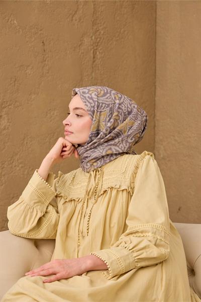 İnce Pamuk Soft Eşarp Vizon-Koyu Vizon-Hardal Desenli Nefes Alan Tok Duruşlu 90x90