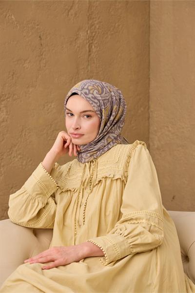 İnce Pamuk Soft Eşarp Vizon-Koyu Vizon-Hardal Desenli Nefes Alan Tok Duruşlu 90x90