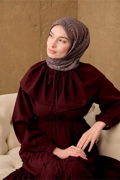 İnce Pamuk Soft Eşarp Kına Yeşili-Kiremit-Koyu Vizon Desenli Nefes Alan Tok Duruşlu 90x90