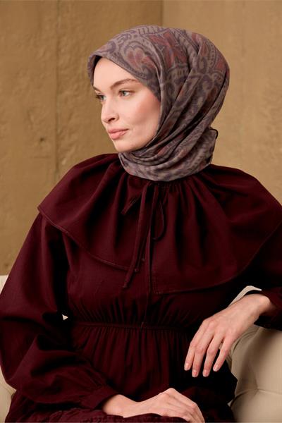 İnce Pamuk Soft Eşarp Kına Yeşili-Kiremit-Koyu Vizon Desenli Nefes Alan Tok Duruşlu 90x90