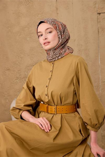 İnce Pamuk Soft Eşarp Vizon-Kahve Bej-Turuncu Desenli Nefes Alan Tok Duruşlu 90x90