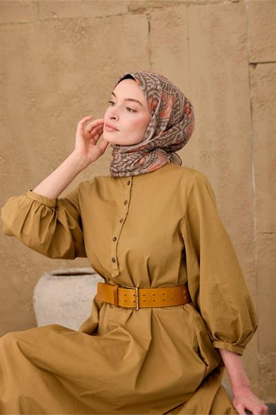 İnce Pamuk Soft Eşarp Vizon-Kahve Bej-Turuncu Desenli Nefes Alan Tok Duruşlu 90x90