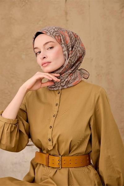 İnce Pamuk Soft Eşarp Vizon-Kahve Bej-Turuncu Desenli Nefes Alan Tok Duruşlu 90x90