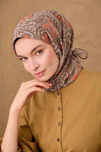 İnce Pamuk Soft Eşarp Vizon-Kahve Bej-Turuncu Desenli Nefes Alan Tok Duruşlu 90x90