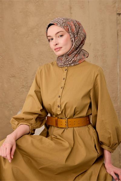 İnce Pamuk Soft Eşarp Vizon-Kahve Bej-Turuncu Desenli Nefes Alan Tok Duruşlu 90x90