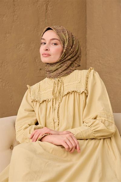 İnce Pamuk Soft Eşarp Yeşil Kahve-Yeşil-Olive Desenli Nefes Alan Tok Duruşlu 90x90