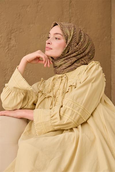 İnce Pamuk Soft Eşarp Yeşil Kahve-Yeşil-Olive Desenli Nefes Alan Tok Duruşlu 90x90