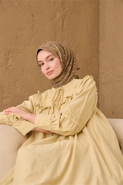 İnce Pamuk Soft Eşarp Yeşil Kahve-Yeşil-Olive Desenli Nefes Alan Tok Duruşlu 90x90