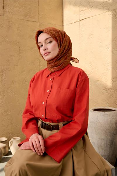 İnce Pamuk Soft Eşarp Olive-Kiremit-Oksit Kahve Desenli Nefes Alan Tok Duruşlu 90x90