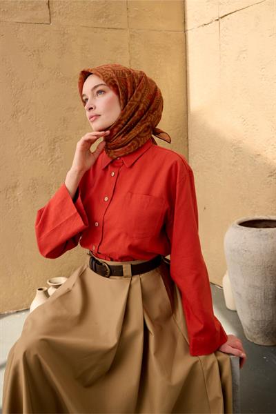 İnce Pamuk Soft Eşarp Olive-Kiremit-Oksit Kahve Desenli Nefes Alan Tok Duruşlu 90x90