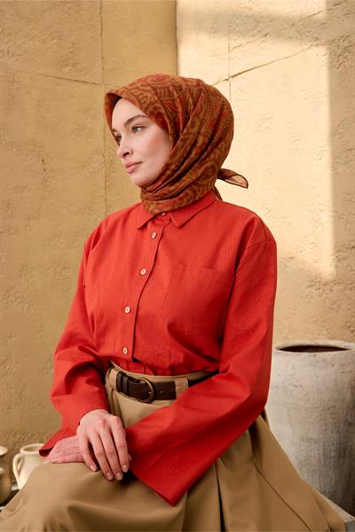 İnce Pamuk Soft Eşarp Olive-Kiremit-Oksit Kahve Desenli Nefes Alan Tok Duruşlu 90x90