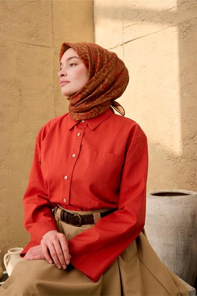 İnce Pamuk Soft Eşarp Olive-Kiremit-Oksit Kahve Desenli Nefes Alan Tok Duruşlu 90x90