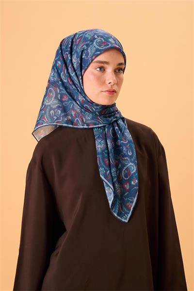 İnce Pamuk Soft Eşarp Gece Mavisi-Kırmızı Desenli Kaymaz Dokulu Tok Duruşlu 90x90