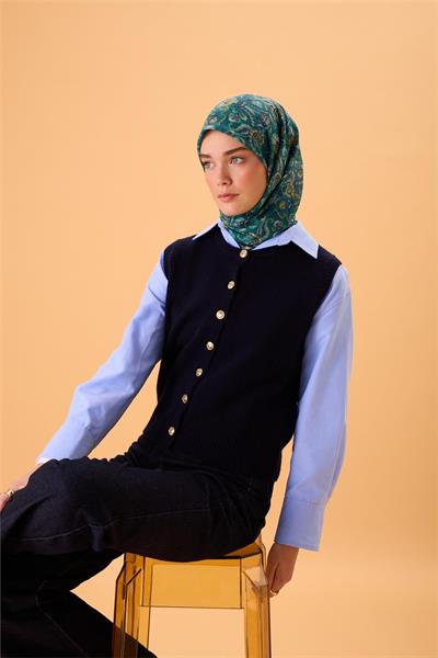 İnce Pamuk Soft Eşarp Patina Yeşili-Butter Yellow Desenli Kaymaz Dokulu Tok Duruşlu 90x90