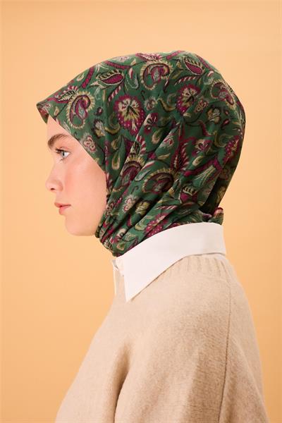 İnce Pamuk Soft Eşarp Yeşil-Fuşya Desenli Kaymaz Dokulu Tok Duruşlu 90x90