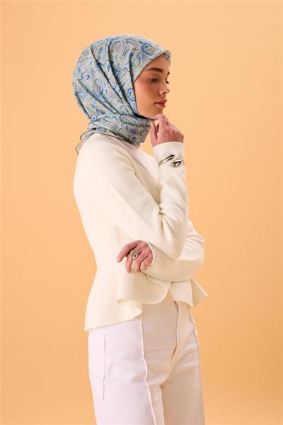 İnce Pamuk Soft Eşarp Su Yeşili-Gök Mavi Desenli Kaymaz Dokulu Tok Duruşlu 90x90