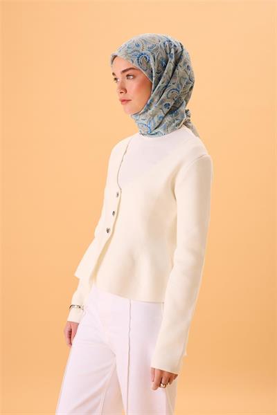 İnce Pamuk Soft Eşarp Su Yeşili-Gök Mavi Desenli Kaymaz Dokulu Tok Duruşlu 90x90