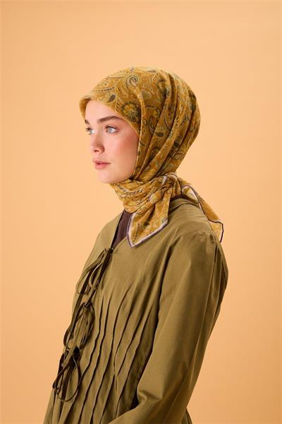 İnce Pamuk Soft Eşarp Koyu Turuncu-Su Yeşili Desenli Kaymaz Dokulu Tok Duruşlu 90x90