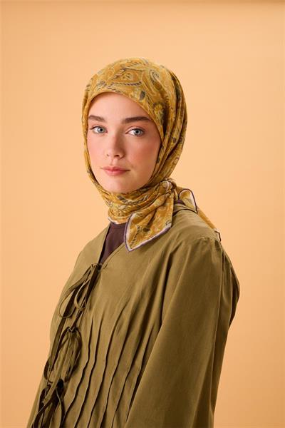 İnce Pamuk Soft Eşarp Koyu Turuncu-Su Yeşili Desenli Kaymaz Dokulu Tok Duruşlu 90x90