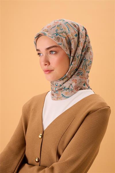 İnce Pamuk Soft Eşarp Vizon-Patina Yeşili Desenli Kaymaz Dokulu Tok Duruşlu 90x90
