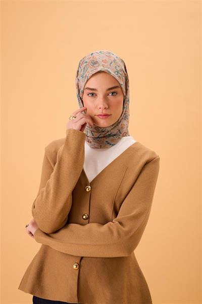 İnce Pamuk Soft Eşarp Vizon-Patina Yeşili Desenli Kaymaz Dokulu Tok Duruşlu 90x90