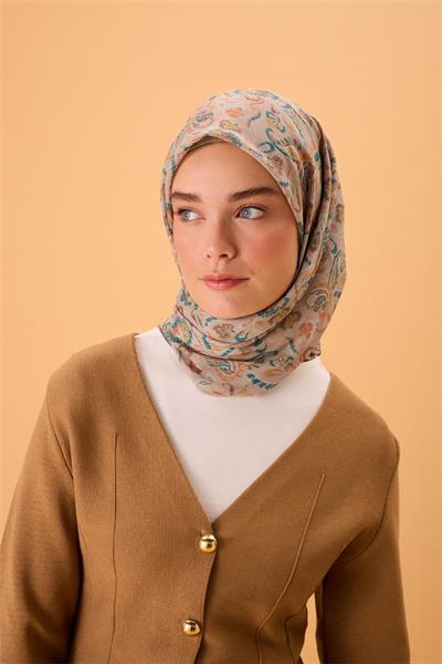 İnce Pamuk Soft Eşarp Vizon-Patina Yeşili Desenli Kaymaz Dokulu Tok Duruşlu 90x90