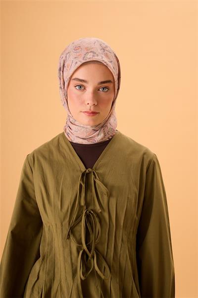İnce Pamuk Soft Eşarp Pudra Pembe-Yeşil Desenli Kaymaz Dokulu Tok Duruşlu 90x90