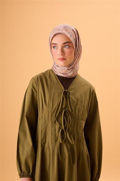 İnce Pamuk Soft Eşarp Pudra Pembe-Yeşil Desenli Kaymaz Dokulu Tok Duruşlu 90x90