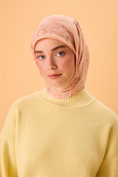 İnce Pamuk Soft Eşarp Yavruağzı-Ekru Desenli Kaymaz Dokulu Tok Duruşlu 90x90