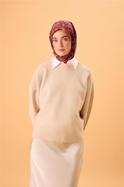 İnce Pamuk Soft Eşarp Kiremit-Bordo Desenli Kaymaz Dokulu Tok Duruşlu 90x90