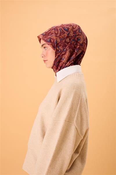 İnce Pamuk Soft Eşarp Kiremit-Bordo Desenli Kaymaz Dokulu Tok Duruşlu 90x90