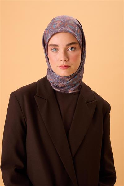 İnce Pamuk Soft Eşarp Mor-Gök Mavi Desenli Tok Duruşlu 90x90