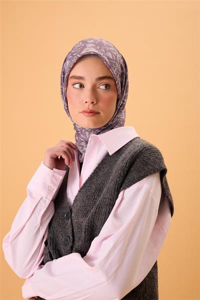İnce Pamuk Soft Eşarp Eflatun-Lila Desenli Tok Duruşlu 90x90