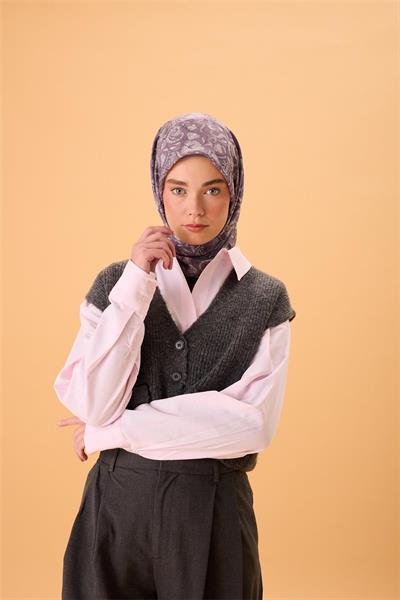 İnce Pamuk Soft Eşarp Eflatun-Lila Desenli Tok Duruşlu 90x90