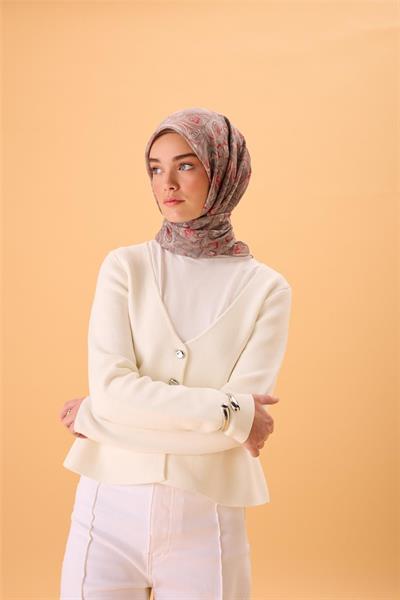 İnce Pamuk Soft Eşarp Vizon-Narçiçeği Desenli Tok Duruşlu 90x90