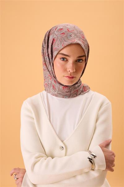 İnce Pamuk Soft Eşarp Vizon-Narçiçeği Desenli Tok Duruşlu 90x90