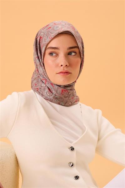 İnce Pamuk Soft Eşarp Vizon-Narçiçeği Desenli Tok Duruşlu 90x90