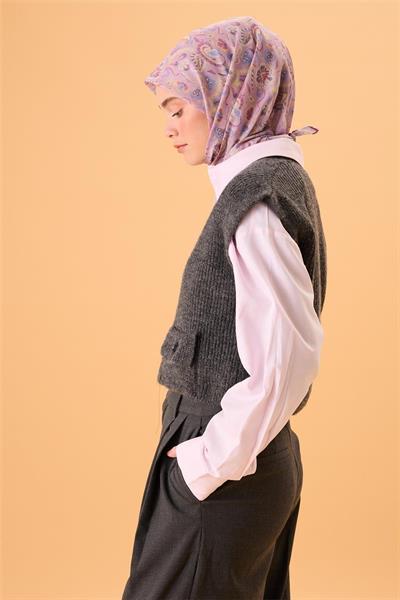 İnce Pamuk Soft Eşarp Pembe-Mavi Lila Desenli Tok Duruşlu 90x90