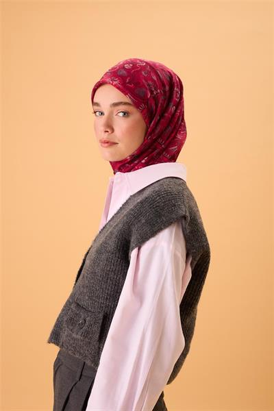 İnce Pamuk Soft Eşarp Fuşya-Çilek Kırmızısı Desenli Tok Duruşlu 90x90