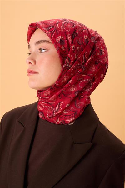 İnce Pamuk Soft Eşarp Koyu Kırmızı-Siyah Desenli Tok Duruşlu 90x90
