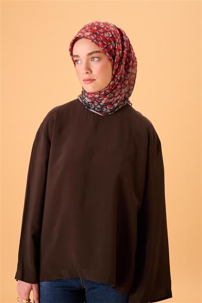 İnce Pamuk Soft Eşarp Antrasit-Kırmızı Geometrik Desenli Tok Duruşlu 90x90