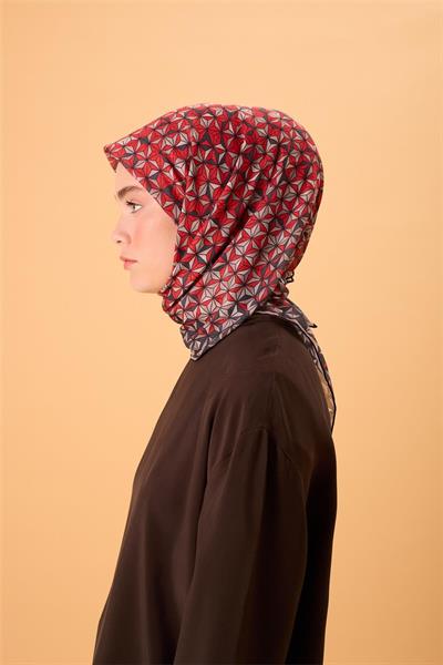 İnce Pamuk Soft Eşarp Antrasit-Kırmızı Geometrik Desenli Tok Duruşlu 90x90