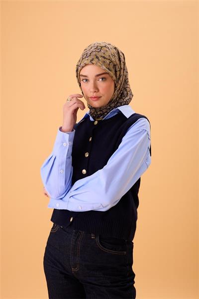 İnce Pamuk Soft Eşarp Antrasit-Bej Geometrik Desenli Tok Duruşlu 90x90